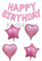 Roze folie ballonnen verjaardag - Happy Birthday letters  - 4x ster en 4x hart