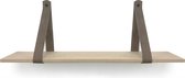 Eiken wandplank 18 mm recht 150 x 30 cm met leren riemen bruin - Eikenhouten wandplank - Eiken wandplank - Leren plankdragers - Fotoplank