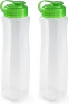 2x stuks kunststof waterflessen 1000 ml transparant met dop groen - Drink/sport/fitness flessen