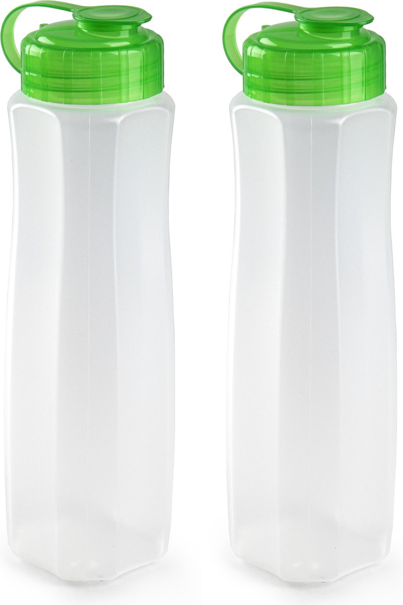 2x stuks kunststof waterflessen 1000 ml transparant met dop groen - Drink/sport/fitness flessen