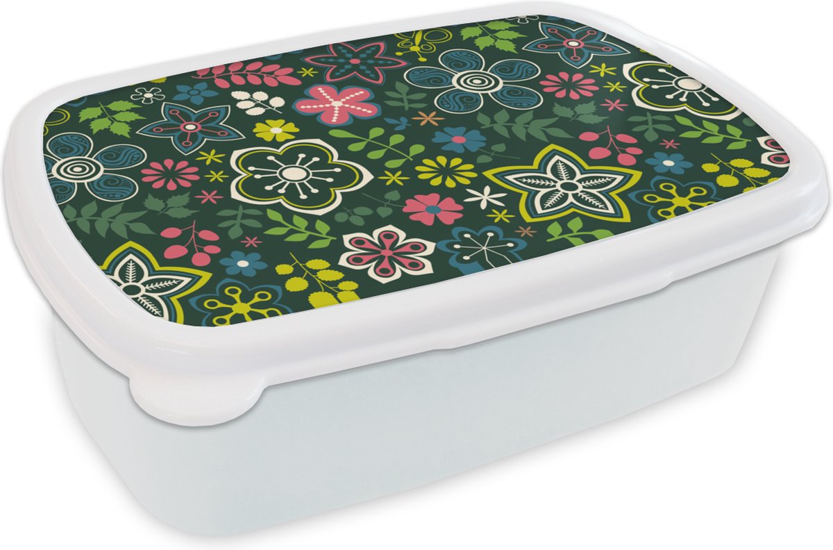Broodtrommel Wit - Lunchbox - Brooddoos - Bladeren - Patronen - Bloemen - 18x12x6 cm - Volwassenen