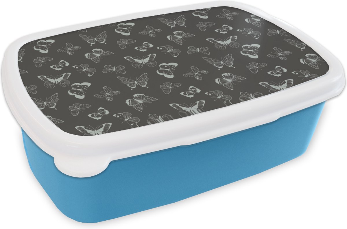 Broodtrommel Blauw - Lunchbox - Brooddoos - Vlinders - Retro - Design - 18x12x6 cm - Kinderen - Jongen