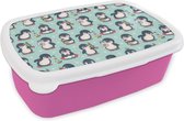 Broodtrommel Roze - Lunchbox - Brooddoos - Dieren - Patronen - Pinguïn - 18x12x6 cm - Kinderen - Meisje