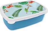 Broodtrommel Blauw - Lunchbox - Brooddoos - Patronen - Planten - Jungle - Bloemen - 18x12x6 cm - Kinderen - Jongen
