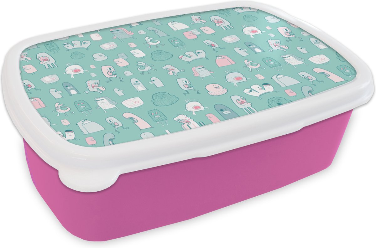 Broodtrommel Roze - Lunchbox - Brooddoos - Monster - Patroon - Pastel - 18x12x6 cm - Kinderen - Meisje