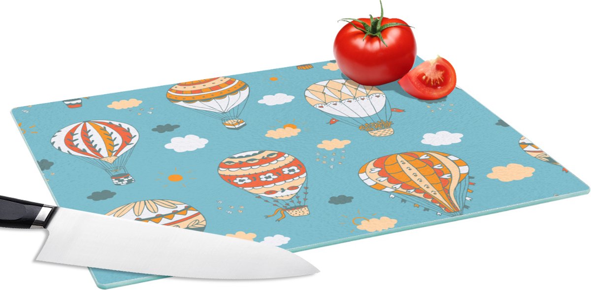 Glazen Snijplank - 39x28 - Retro - Luchtballon - Pastel - Kinderen - Design - Snijplanken Glas