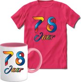 78 Jaar Vrolijke Verjaadag T-shirt met mok giftset Roze | Verjaardag cadeau pakket set | Grappig feest shirt Heren – Dames – Unisex kleding | Koffie en thee mok | Maat S