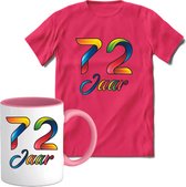 72 Jaar Vrolijke Verjaadag T-shirt met mok giftset Roze | Verjaardag cadeau pakket set | Grappig feest shirt Heren – Dames – Unisex kleding | Koffie en thee mok | Maat S