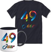 49 Jaar Vrolijke Verjaadag T-shirt met mok giftset Zwart | Verjaardag cadeau pakket set | Grappig feest shirt Heren – Dames – Unisex kleding | Koffie en thee mok | Maat XL