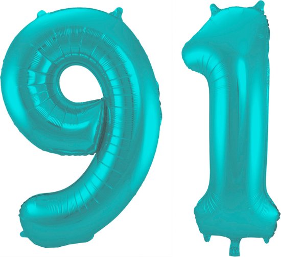 Folieballon 91 jaar metallic pastel aqua mat 86cm