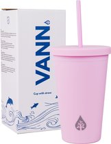 Beker met rietje en deksel starbucks milkshake beker voor take away – herbruikbare plastic drinkbeker roze 500ml - VANN