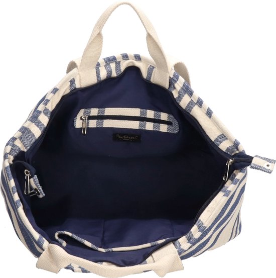 Open gestreepte canvas tas met navy voering, rits en verschillende vakken aan de binnenkant.