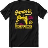 Gamers play smart | Gaming kado T-Shirt heren - dames | Geel-Roze | Perfect game pc cadeau shirt | Grappige console spreuken - zinnen - teksten Maat M