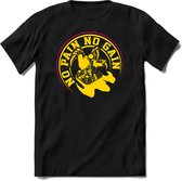 No pain no gain | Gaming kado T-Shirt heren - dames | Geel-Roze | Perfect game pc cadeau shirt | Grappige console spreuken - zinnen - teksten Maat XL