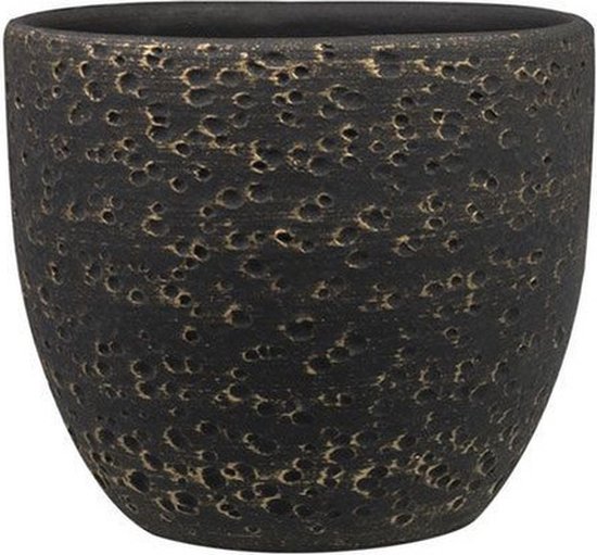 Zwarte Lava Stone bloempot, D15 x H13 cm, met een ruw, gestructureerd oppervlak.