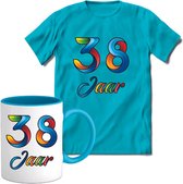 38 Jaar Vrolijke Verjaadag T-shirt met mok giftset Blauw | Verjaardag cadeau pakket set | Grappig feest shirt Heren – Dames – Unisex kleding | Koffie en thee mok | Maat L