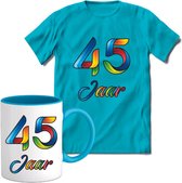 45 Jaar Vrolijke Verjaadag T-shirt met mok giftset Blauw | Verjaardag cadeau pakket set | Grappig feest shirt Heren – Dames – Unisex kleding | Koffie en thee mok | Maat 3XL