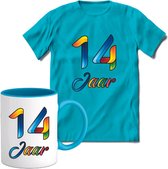 14 Jaar Vrolijke Verjaadag T-shirt met mok giftset Blauw | Verjaardag cadeau pakket set | Grappig feest shirt Heren – Dames – Unisex kleding | Koffie en thee mok | Maat 3XL