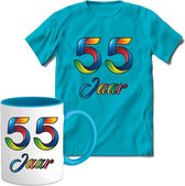 55 Jaar Vrolijke Verjaadag T-shirt met mok giftset Blauw | Verjaardag cadeau pakket set | Grappig feest shirt Heren – Dames – Unisex kleding | Koffie en thee mok | Maat XL
