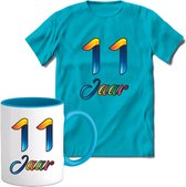 11 Jaar Vrolijke Verjaadag T-shirt met mok giftset Blauw | Verjaardag cadeau pakket set | Grappig feest shirt Heren – Dames – Unisex kleding | Koffie en thee mok | Maat L