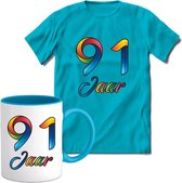 91 Jaar Vrolijke Verjaadag T-shirt met mok giftset Blauw | Verjaardag cadeau pakket set | Grappig feest shirt Heren – Dames – Unisex kleding | Koffie en thee mok | Maat XXL