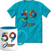 59 Jaar Vrolijke Verjaadag T-shirt met mok giftset Blauw | Verjaardag cadeau pakket set | Grappig feest shirt Heren – Dames – Unisex kleding | Koffie en thee mok | Maat XL