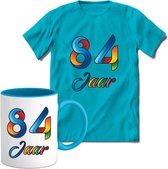 84 Jaar Vrolijke Verjaadag T-shirt met mok giftset Blauw | Verjaardag cadeau pakket set | Grappig feest shirt Heren – Dames – Unisex kleding | Koffie en thee mok | Maat S