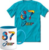 87 Jaar Vrolijke Verjaadag T-shirt met mok giftset Blauw | Verjaardag cadeau pakket set | Grappig feest shirt Heren – Dames – Unisex kleding | Koffie en thee mok | Maat XXL