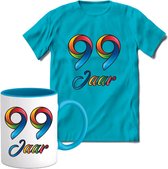 99 Jaar Vrolijke Verjaadag T-shirt met mok giftset Blauw | Verjaardag cadeau pakket set | Grappig feest shirt Heren – Dames – Unisex kleding | Koffie en thee mok | Maat L