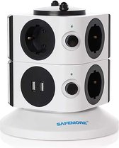 SAFEMORE 7-voudige Stekkerdoos met 2 USB en 2 Afzonderlijk Schakelaars, Meervoudige Stekkerdoos met 2100J Overspanningsbeveiliging, 2M Kable, 2500 W/10 A, Europese Stekker, Wit + Z