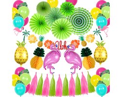 Joya Party® Aloha Zomer Feestpakket | Hawaii Tropical Party Decoratie Versiering | Flamingo en Ananas versiering | Helium Ballonnen | Zomer Feest | BBQ Versiering | 50 Stuks
