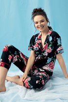 Seamlife Homewear - Dames Pyjama Set- BIO- Kort -Zwart Bloem - (L)