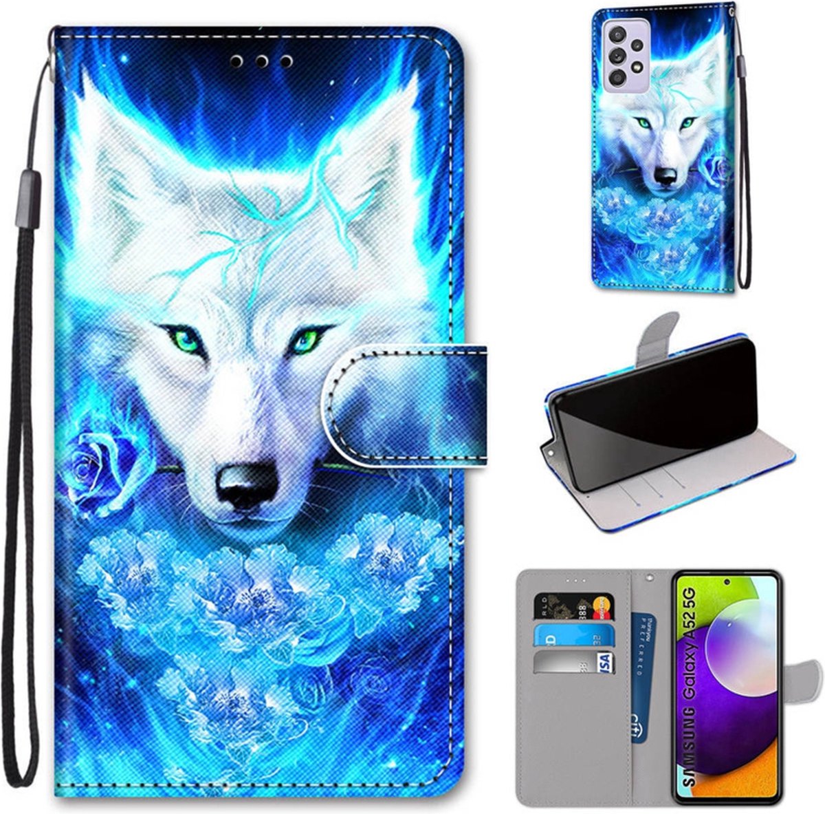 BookCover Hoes Etui voor Samsung Galaxy A52 Wolf. Wit-Blauw