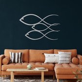 Wanddecoratie |Vis Familie /Fish Family  decor | Metal - Wall Art | Muurdecoratie | Woonkamer |Zilver| 90x56cm