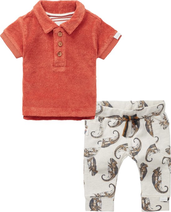 Noppies - Kledingset - 2delig - broek oatmeal met prints - Polo Badstof oranje - Maat 74