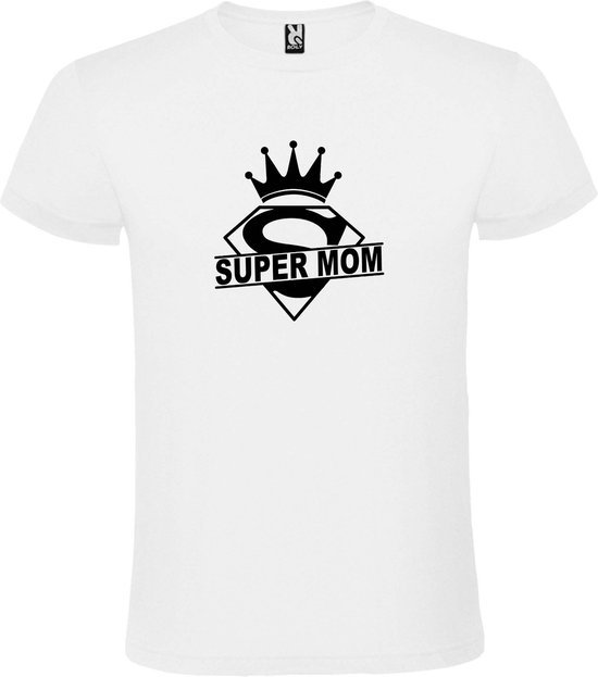 Wit T shirt met print van "Super Mom " print Zwart size XXXXXL