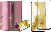 Samsung Galaxy S22 Plus Hoesje - Book Case Spiegel Wallet Cover Hoes Roségoud - Full Tempered Glass Screenprotector