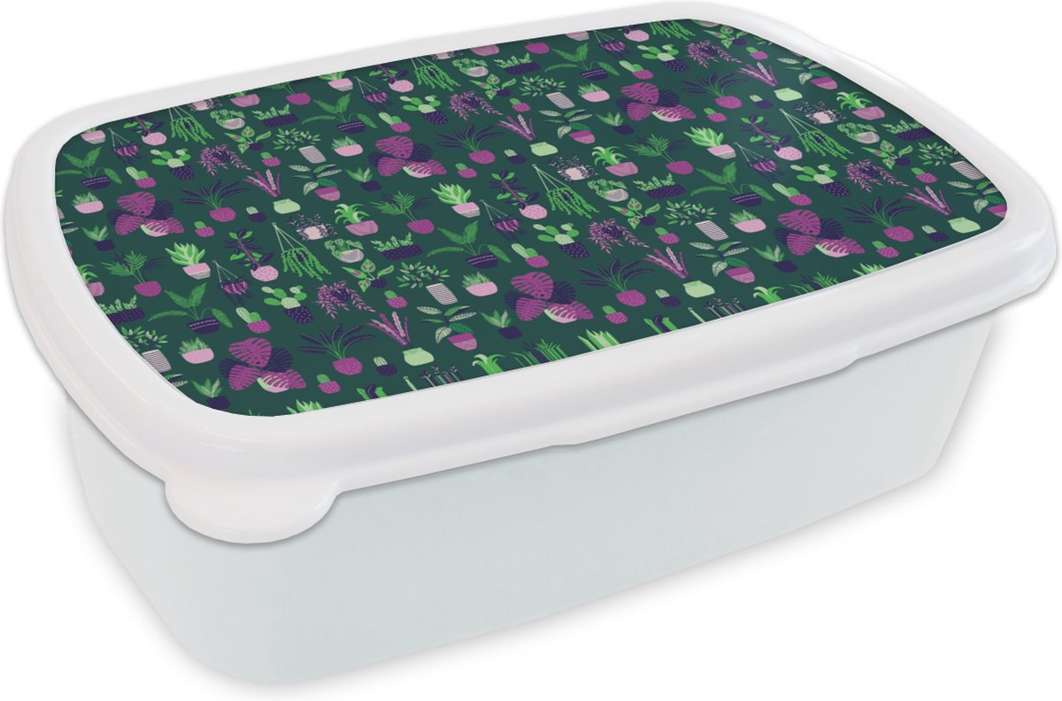 Broodtrommel Wit - Lunchbox - Brooddoos - Planten - Patronen - Cactus - 18x12x6 cm - Volwassenen