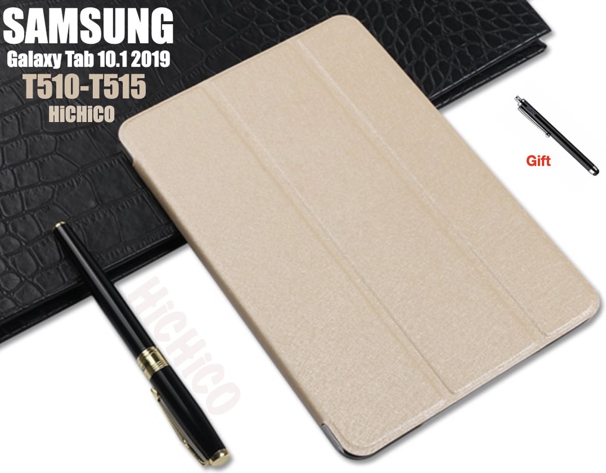 Samsung Galaxy Tab A 10.1 2019 SM-T510 / T515, Tablet Hoes met Stylus Pen, draaistand Cover Tablet hoesje, Magnetische Stand Case Leather Flip Cover Tablet Case smart Cover Goud – HiCHiCO