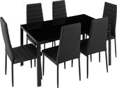 Luxiqo® 6 Eetkamerstoelen en Tafel – Complete Eetkamer – Eetkamerset 7 delig –  Dineerstoelen en Eettafel – Eetkamerstoelen en Eetkamertafel – Metaal Kunstleer Gehard Glas – Zwart