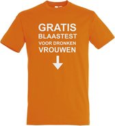 T-shirt Gratis blaastest voor dronken vrouwen | T-shirt met leuke tekst | T shirt grappig | Oranje | maat XXL