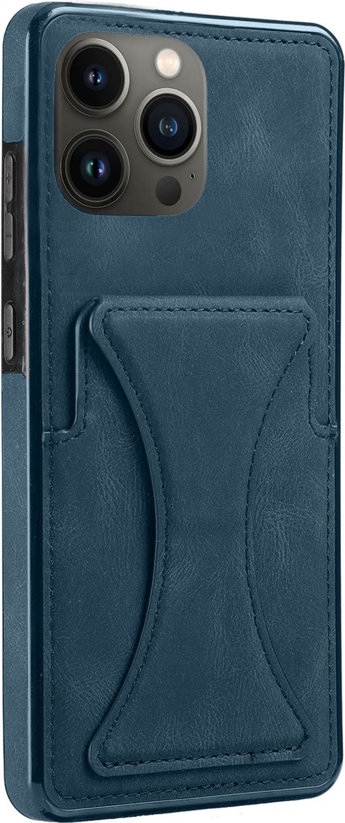 Geschikt voor iPhone 13 Pro Pasjes houder Hoesje Case - Portemonnee Cover - Hoesje met Kickstand - Magnetisch - Blauw