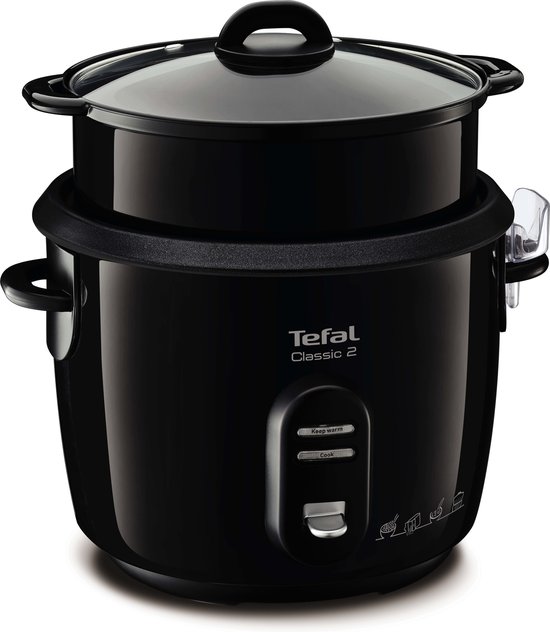 Zwarte Tefal Classic 2 rijstkoker met glazen deksel en bedieningspaneel.
