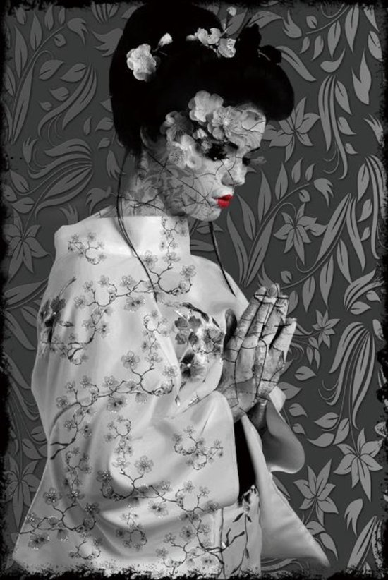 glasschilderij - 120x80 - Vrouw - Japanse Geisha - in Kimono - zwart/wit - rode lippen - vrouw - Ter Halle
