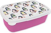 Broodtrommel Roze - Lunchbox - Brooddoos - Pinguïn - Ski - Winter - Kind - Patronen - 18x12x6 cm - Kinderen - Meisje