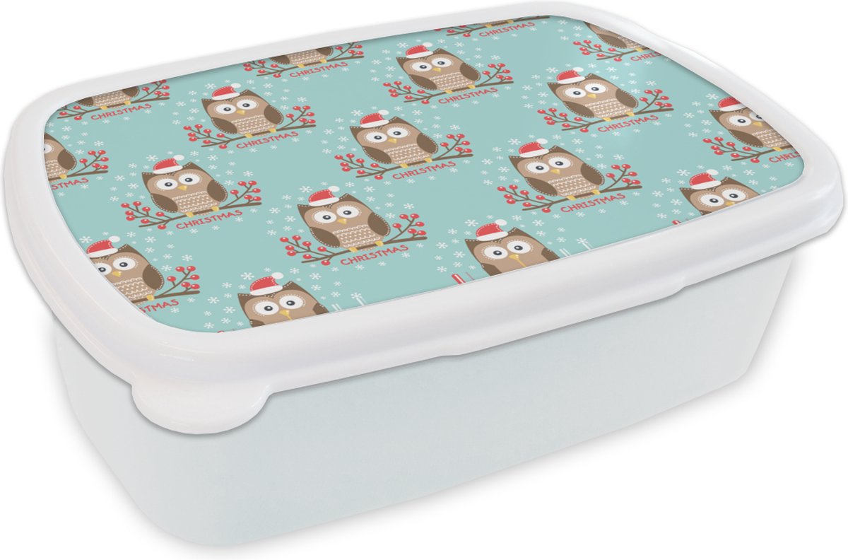 Broodtrommel Wit - Lunchbox - Brooddoos - Patronen - Uil - Kerst - 18x12x6 cm - Volwassenen