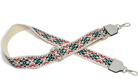 STUDIO Ivana - Gekleurde tassenband 5 cm - retro print lichtblauw/rood/grijs - Brede bagstrap met borduursel