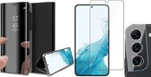 Hoesje geschikt voor Samsung Galaxy S22 - Book Case Spiegel Wallet Cover Hoes Zwart - Tempered Glass Screenprotector - Camera Lens Protector