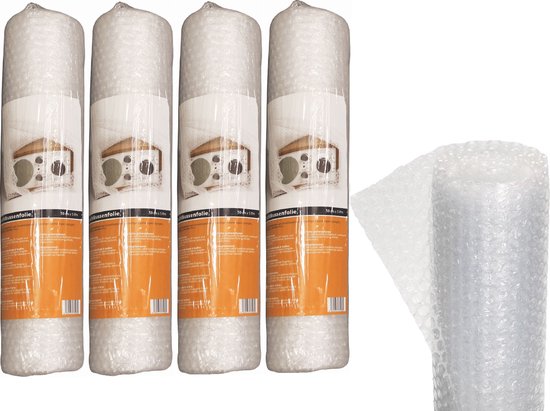 Vier rollen bubbeltjesplastic met oranje labels.