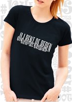 JIJ BENT DE REDEN DAT IK DRINK damesshirt - Zwart met wit - Maat XL - Korte mouwen - Ronde hals - Aansluitende zijnaden - Grappige teksten - leuke shirts - humor - quotes - kwoots
